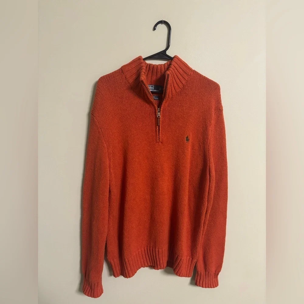 Polo Ralph Lauren 1/4 Zip Orange 100% Cotton Pullover Sweater Men Size Large
